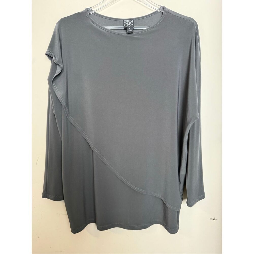 Clara Sun Woo Gray Asymmetrical Overlay Tunic Top Size Medium Made in USA Modern